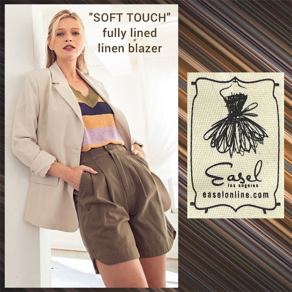 EASEL "Soft Touch" Business Casual 2 Buttoned Lined Linen Blend Blazer W/Pockets